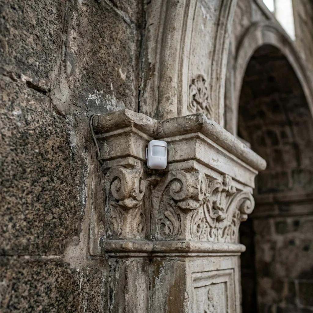 Instalação de sensor de segurança discreto em parede de igreja histórica
