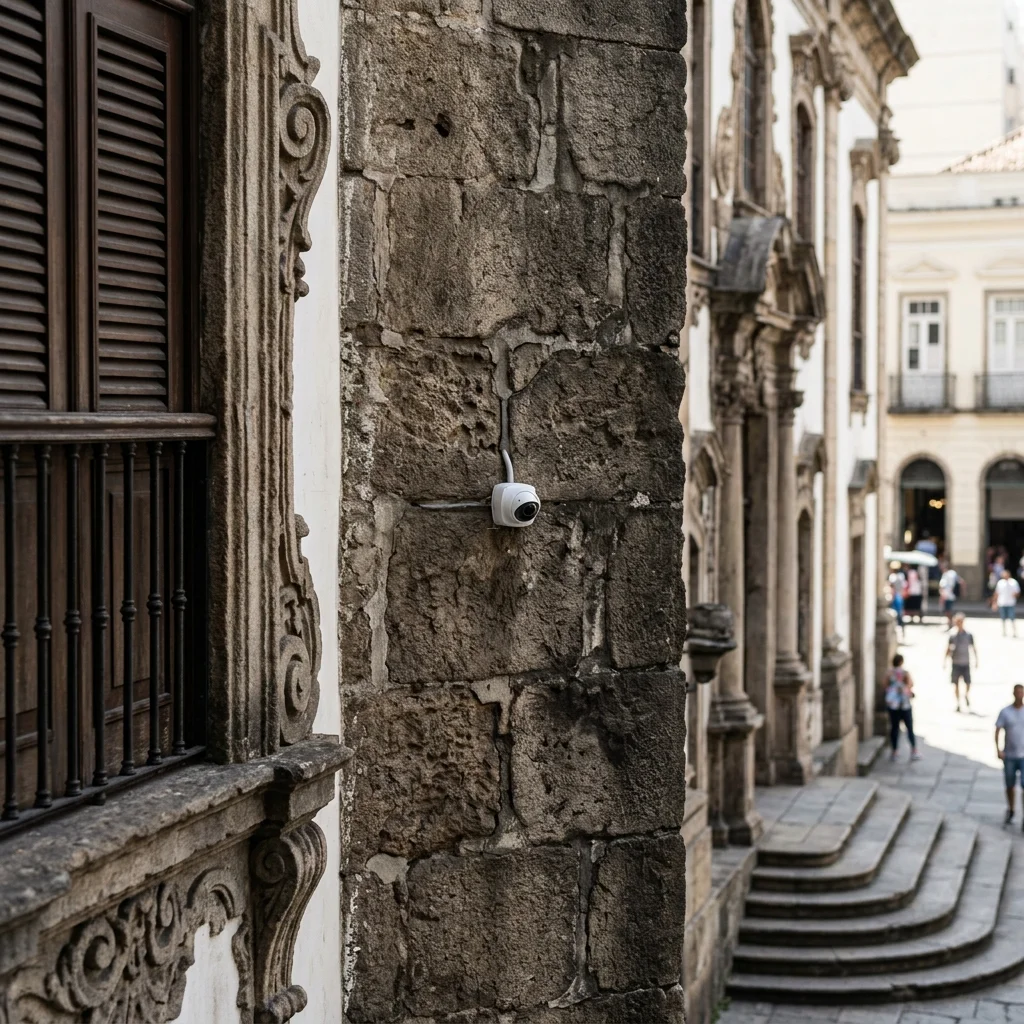 Fachada de igreja histórica com câmera de segurança discreta da Joseph